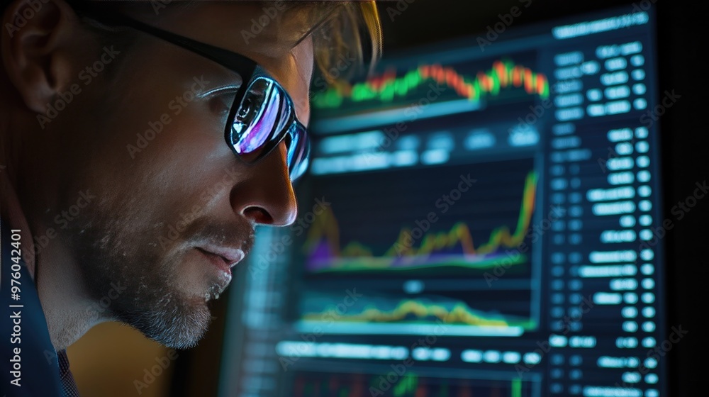 A businessman studies fluctuating stock market graphs on a large monitor, analyzing financial data for investment decisions in a dark office. A businessman studies fluctuating stock market graphs on a large monitor, analyzing financial data for investment decisions in a dark office.