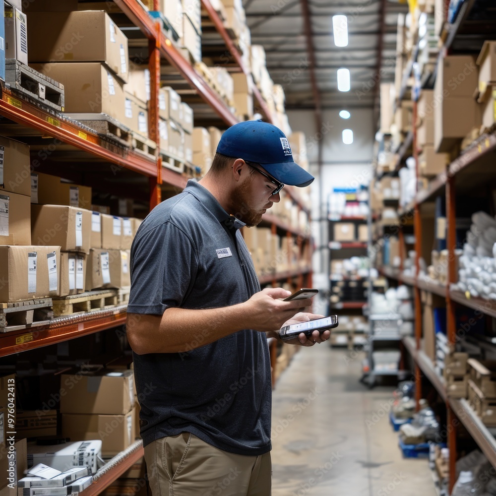 A female warehouse worker uses a smartphone to manage inventory, standing between shelves filled with boxes in a well-organized facility. A female warehouse worker uses a smartphone to manage inventory, standing between shelves filled with boxes in a well-organized facility.