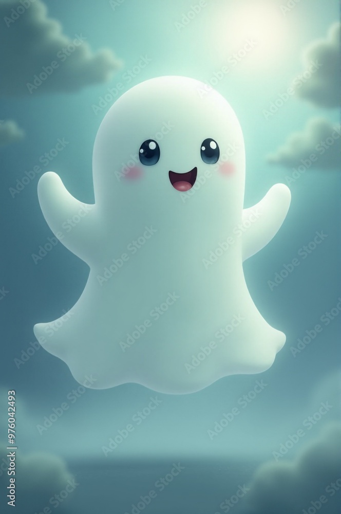 Cute white ghost. Kawaii magic spirit with fluffy clouds on light grey background. Spooky Halloween night party. Happy Halloween! Funny cartoon character. Minimal design, postcard, card, copy space. Cute white ghost. Kawaii magic spirit with fluffy clouds on light grey background. Spooky Halloween night party. Happy Halloween! Funny cartoon character. Minimal design, postcard, card, copy space.