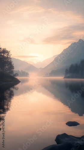 Tranquil Sunrise Over Misty Lake with Soft Reflections and Mountain View - Calming Phone Wallpaper