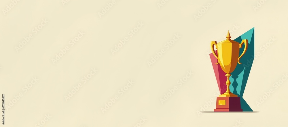 Fototapeta premium Geometric gold cup on pastel beige background. Futuristic golden Melbourne Cup trophy. Handicap sports competitions. Polygonal, low poly style. Minimalistic design for banner with copy space.