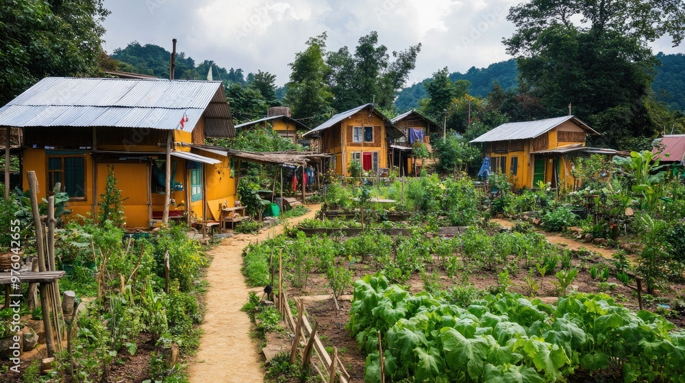 A small rural village features eco-friendly homes surrounded by lush vegetable gardens and greenery, nestled in a mountainous landscape. A small rural village features eco-friendly homes surrounded by lush vegetable gardens and greenery, nestled in a mountainous landscape.