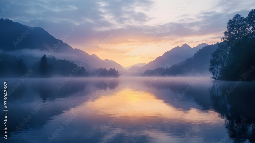 Obraz premium Misty Morning Sunrise Over Calm Mountain Lake with Gentle Reflections