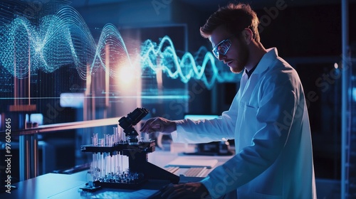 An engineer wearing protective glasses works intently on high-tech precision machinery in a laboratory setting, focusing on detailed adjustments. photo