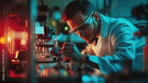 An engineer wearing protective glasses works intently on high-tech precision machinery in a laboratory setting, focusing on detailed adjustments.