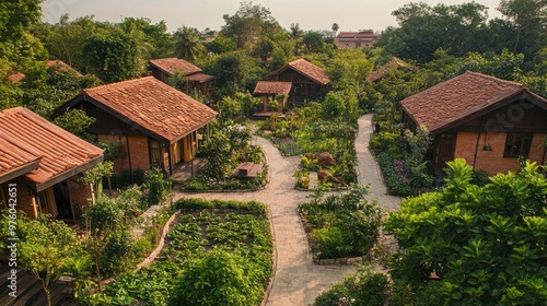 A small rural village features eco-friendly homes surrounded by lush vegetable gardens and greenery, nestled in a mountainous landscape.