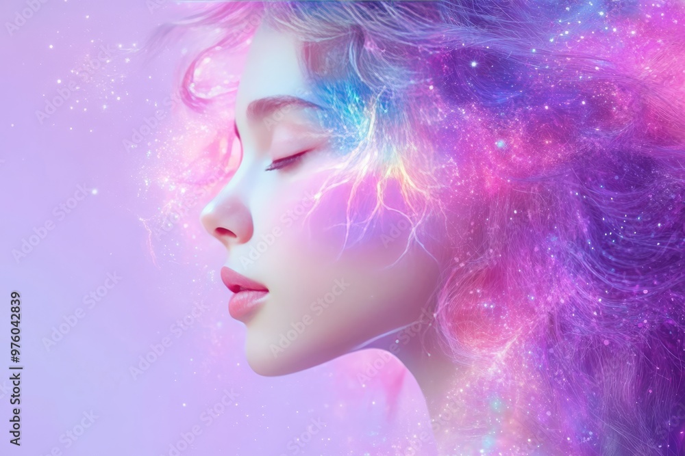 Woman illuminated by cosmic light symbolizing creativity imagination and the connection between the human mind and the universe in a vibrant conceptual form Woman illuminated by cosmic light symbolizing creativity imagination and the connection between the human mind and the universe in a vibrant conceptual form