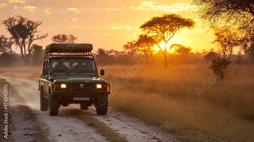 A safari vehicle travels through the African savannah, passing grazing elephants with distant mountains and iconic acacia trees in the background.