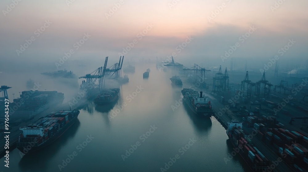 An aerial view of cargo ships docked at an industrial port, surrounded by cranes and containers, with mist and soft sunlight creating a serene atmosphere. An aerial view of cargo ships docked at an industrial port, surrounded by cranes and containers, with mist and soft sunlight creating a serene atmosphere.