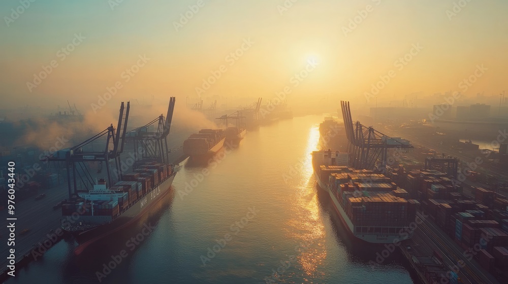 An aerial view of cargo ships docked at an industrial port, surrounded by cranes and containers, with mist and soft sunlight creating a serene atmosphere. An aerial view of cargo ships docked at an industrial port, surrounded by cranes and containers, with mist and soft sunlight creating a serene atmosphere.