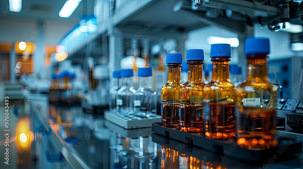 Amber Glass Bottles With Blue Caps In A Laboratory Setting Amber Glass Bottles With Blue Caps In A Laboratory Setting