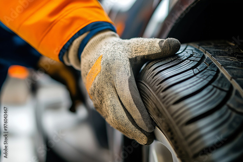 Closeup of a gloved hand inspecting a car tire