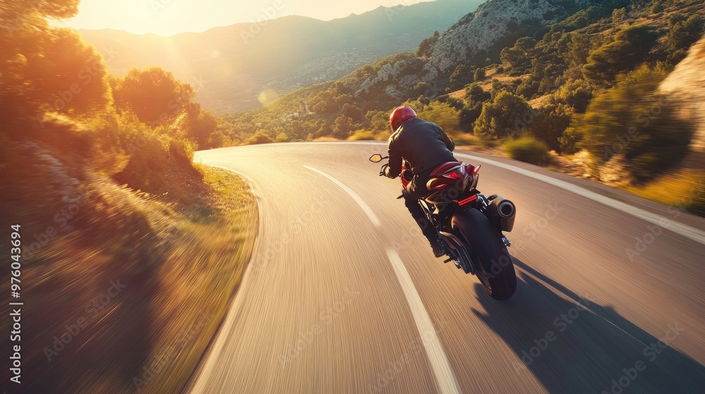 A motorcyclist speeds down a curvy mountain road at sunset, surrounded by beautiful landscapes, capturing the thrill of an adventurous ride.