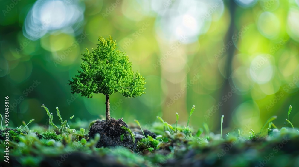 A small tree seedling emerges from the soil, symbolizing growth, sustainability, and the importance of nature and environmental conservation.