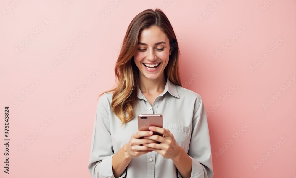 Portrait of a woman Using Smartphone While Standing on Pastel Color Background