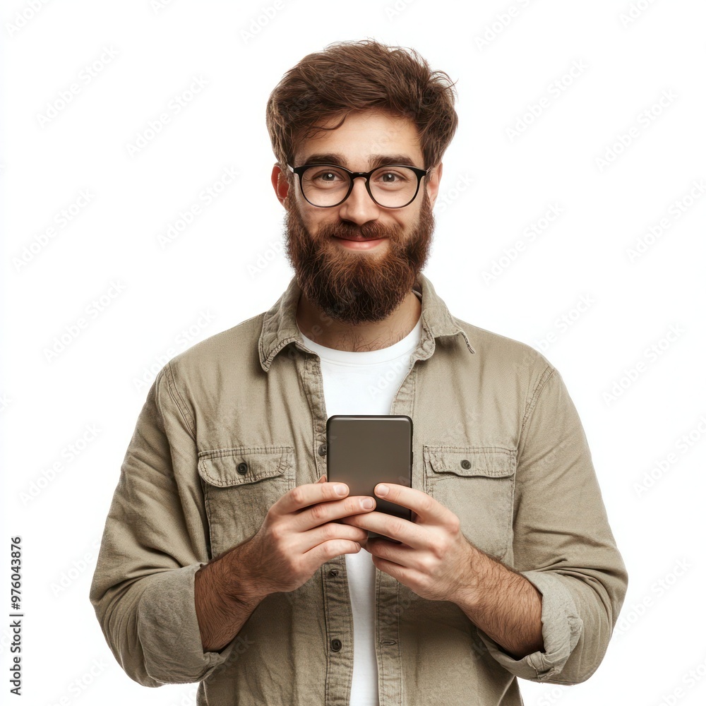 © Samady - young man student hipster blogger glasses hold modern smart phone smile at screen read text message talk group chat shoot vlog selfie use skype call isolated white studio background