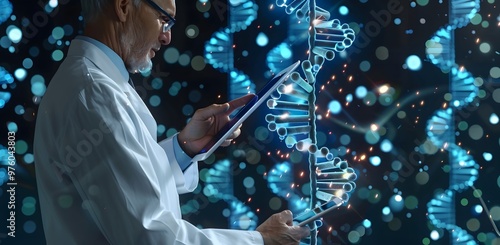 Scientist Analyzing DNA with Digital Tablet and Technology photo