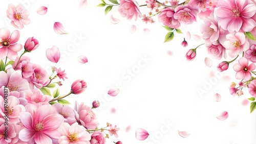 Beautiful floral border of pink flying flowers and petals on white background, floral, border, pink, flying