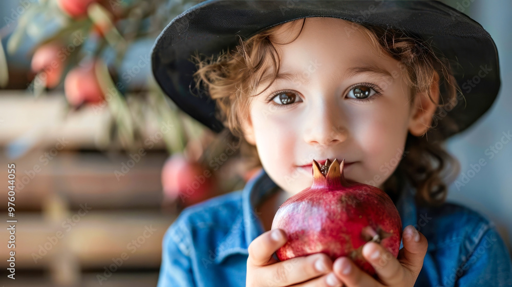 Adorable child with pomegranate and black hat in rustic setting Adorable child with pomegranate and black hat in rustic setting