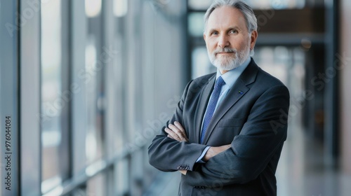 Business portrait of a senior executive standing in front of a corporate background