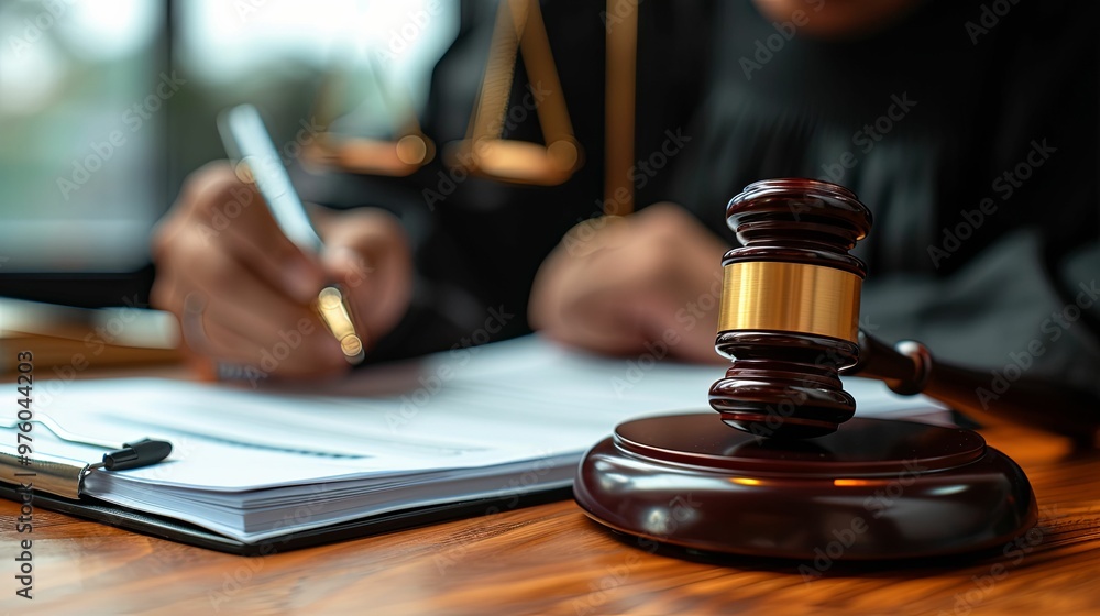 Close-up of a Judge's Gavel and Documents on a Wooden Table Close-up of a Judge's Gavel and Documents on a Wooden Table