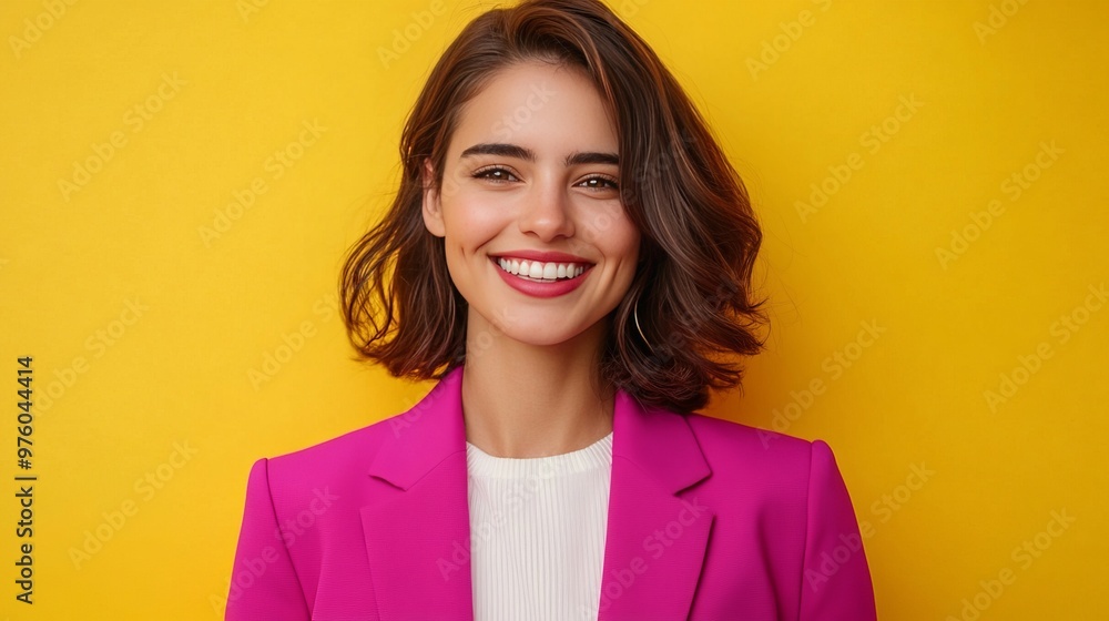 Happy woman in a pink blazer against a yellow background. Happy woman in a pink blazer against a yellow background.