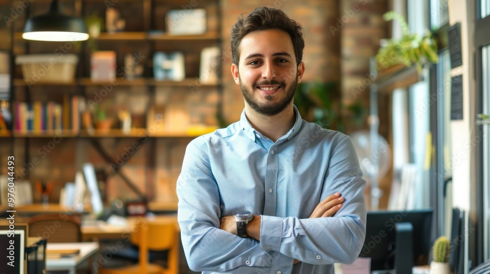 Fototapeta premium Casual business portrait of a young entrepreneur in a startup office