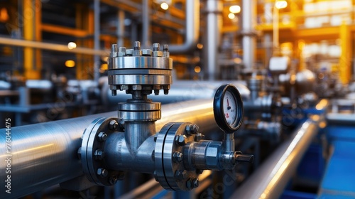 Close-up view of metal industrial valves and pipelines with sunlight, highlighting manufacturing, energy, and engineering processes in an industrial facility.