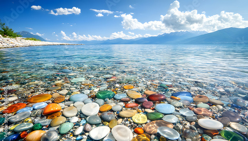 The sea is full of colorful pebbles, and the pebble beach on both sides is covered with many colored glass stones