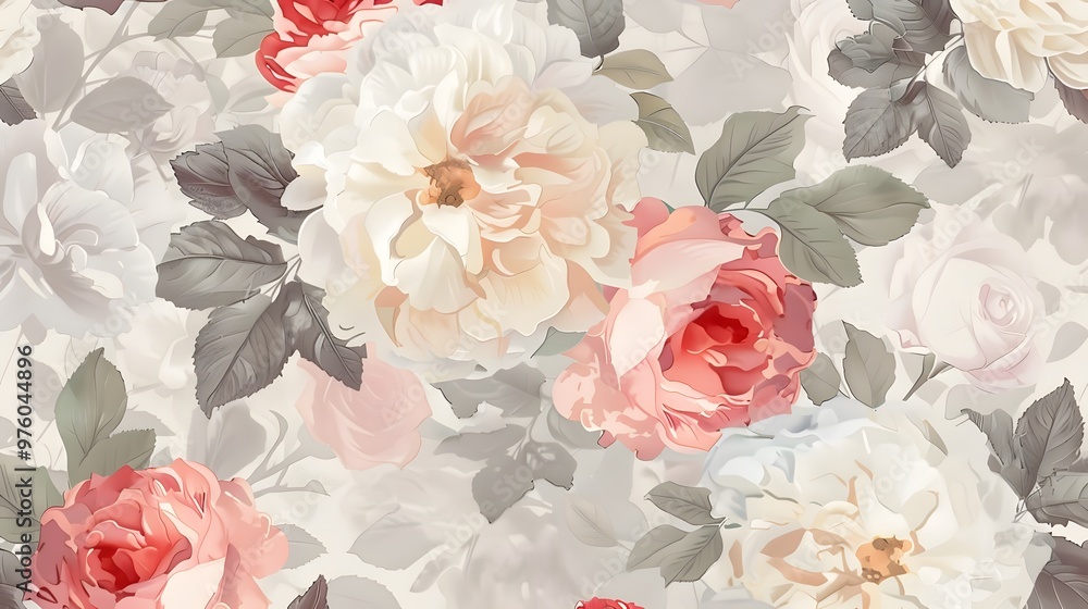 Fototapeta premium Floral pattern background featuring delicate roses and peonies in muted pastel tones.
