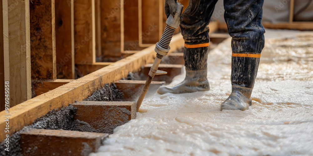 Foundation Pouring. Construction worker leveling concrete foundation with wooden tool, wearing rubber boots. Foundation Pouring. Construction worker leveling concrete foundation with wooden tool, wearing rubber boots.
