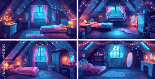 Young woman evening bedroom cartoon vector scenes. Bed mattress cushions window string lights bedside table lamp vanity mirror cupboard drapes loft lavender hues snug concepts