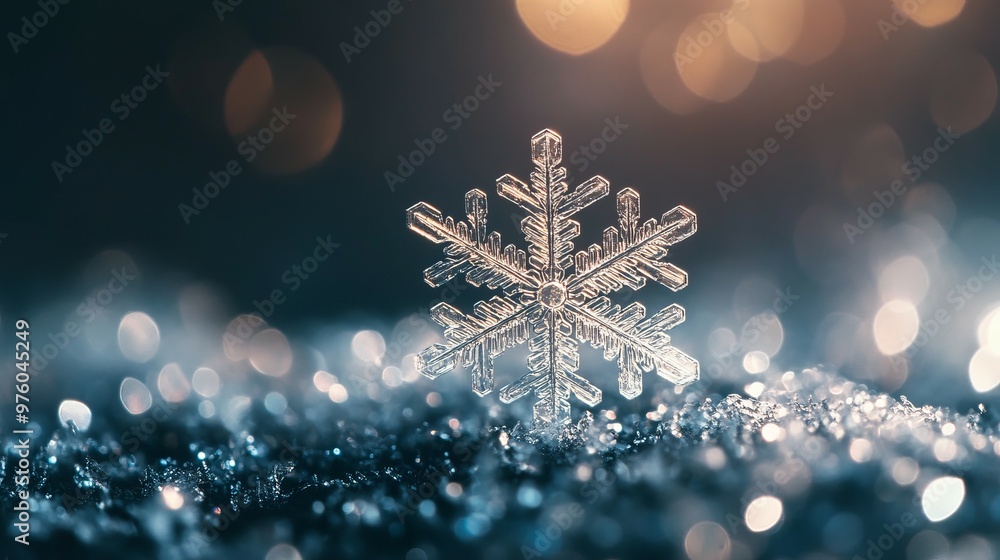 A single snowflake stands out against a background of shimmering lights. A single snowflake stands out against a background of shimmering lights.