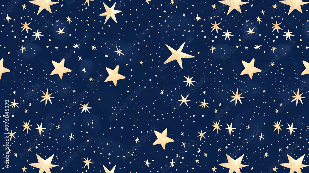 Seamless pattern of golden stars on a deep blue night sky, ideal for festive projects. Seamless pattern of golden stars on a deep blue night sky, ideal for festive projects.