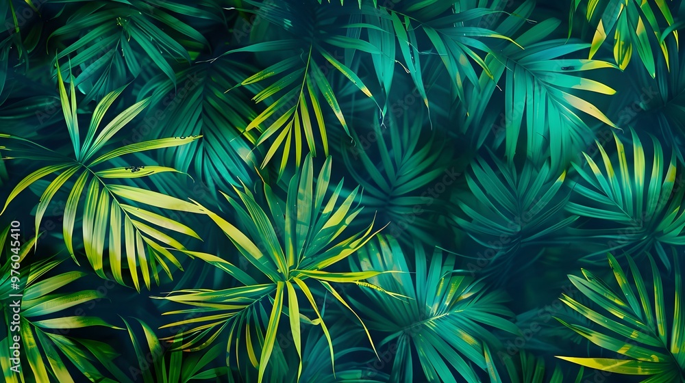 Tropical leaf pattern in vibrant green and turquoise, creating a fresh, natural atmosphere. Tropical leaf pattern in vibrant green and turquoise, creating a fresh, natural atmosphere.