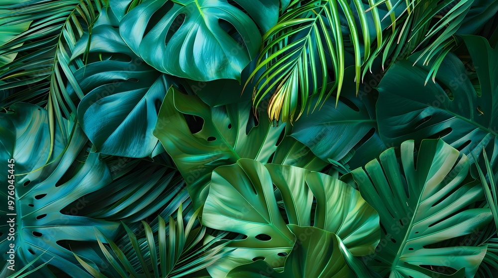 Fototapeta premium Tropical leaf pattern in vibrant green and turquoise, creating a fresh, natural atmosphere.
