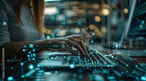 Woman's Hands Typing on Laptop Keyboard with Abstract Digital Network Overlay