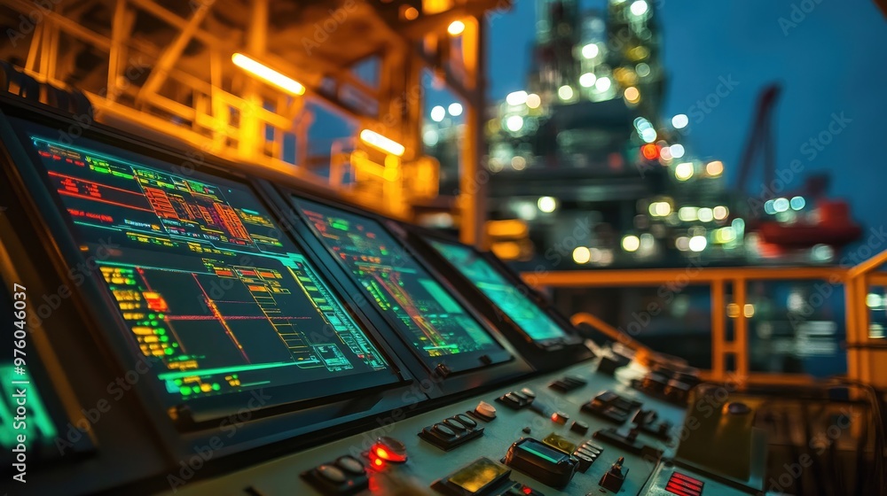 Close-up of a control panel with digital screens on an offshore platform at dusk, with blurred background lights from the rig. Close-up of a control panel with digital screens on an offshore platform at dusk, with blurred background lights from the rig.