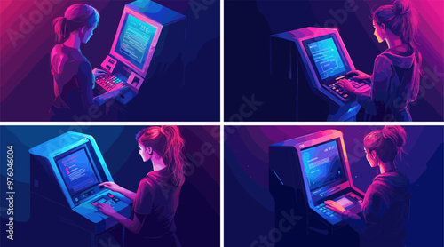 Teller atm machine withdraw cartoon vector concepts. Female woman terminal operating enter credit card password pin code money cash character financial service transactions illustrations
