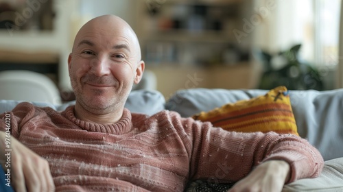 Happy bald man breast cancer patient survivor sitting on couch at home. Smiling positive hairless lady touching shaved head feeling optimistic about recovery and remission relaxing at home. Vertical