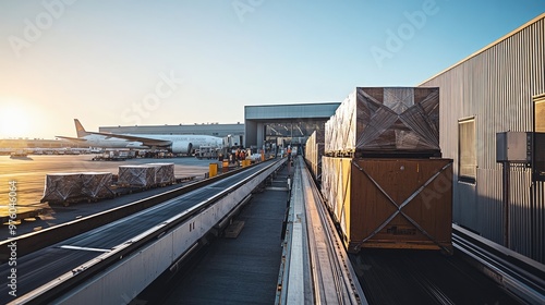 Crates being transported on conveyor belts for air cargo logistics, with an airplane and airport terminal in the background.