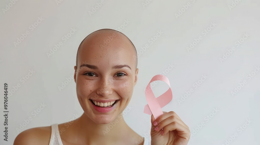 Happy optimistic bald young woman breast cancer patient survivor holding pink ribbon isolated on white background. Breast cancer awareness month concept. Recovered lady with oncology portrait. Happy optimistic bald young woman breast cancer patient survivor holding pink ribbon isolated on white background. Breast cancer awareness month concept. Recovered lady with oncology portrait.