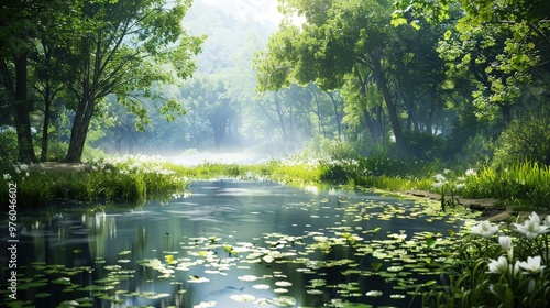 Serene Morning Mist: A tranquil river winds through a lush, sun-dappled forest, its surface adorned with lily pads and bathed in ethereal morning light.  