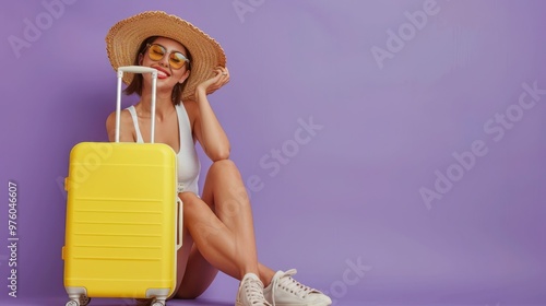 Happy young woman traveler, smiling stylish girl tourist holding yellow luggage travel suitcase ready for summer journey vacation trip looking at camera sitting on floor isolated on purple background.