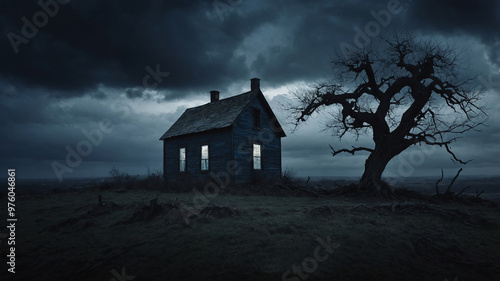 Spooky abandoned house at night with eerie lighting and a gnarled tree under a stormy sky, haunting.