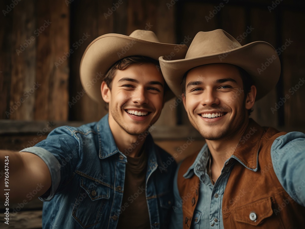 Cheerful cowboy boys taking a selfie. Cheerful cowboy boys taking a selfie.