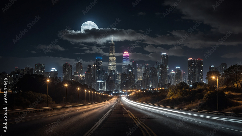 Stunning cityscape at night featuring tall buildings, illuminated roads under a radiant full moon sky. Stunning cityscape at night featuring tall buildings, illuminated roads under a radiant full moon sky.