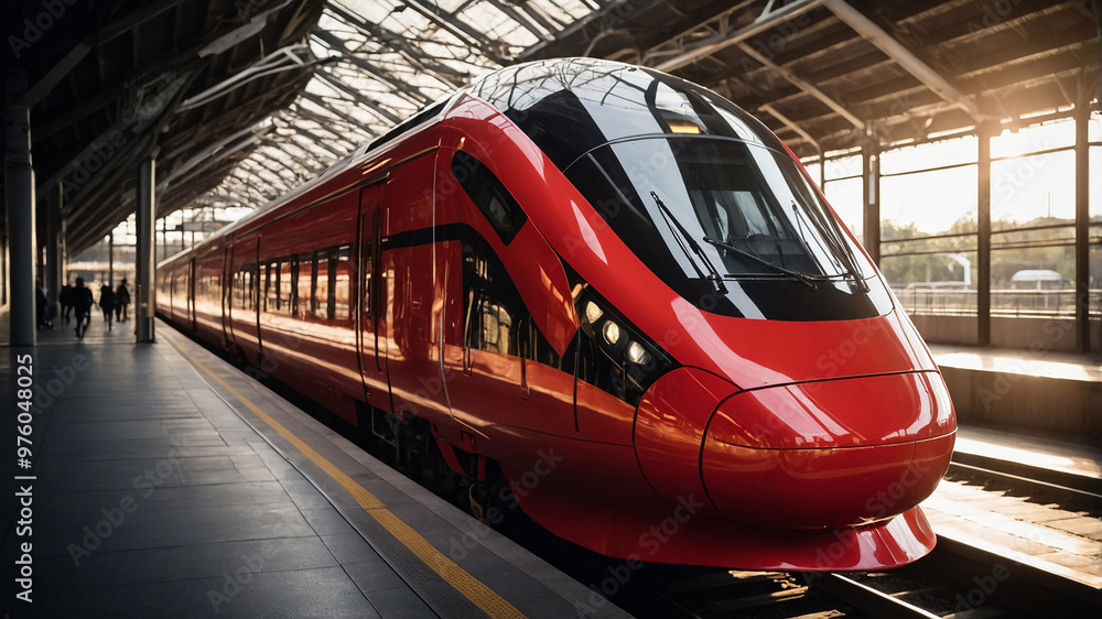 Sleek red high-speed train at sunset, modern station, reflecting sky colors, ready for departure. Sleek red high-speed train at sunset, modern station, reflecting sky colors, ready for departure.