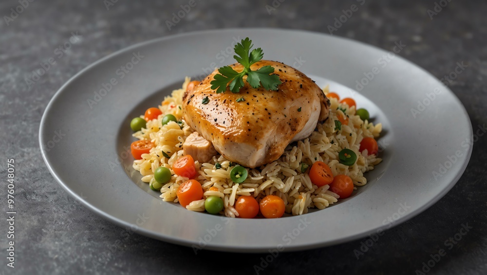 Chicken pilaf served on a dish, isolated on gray. Chicken pilaf served on a dish, isolated on gray.