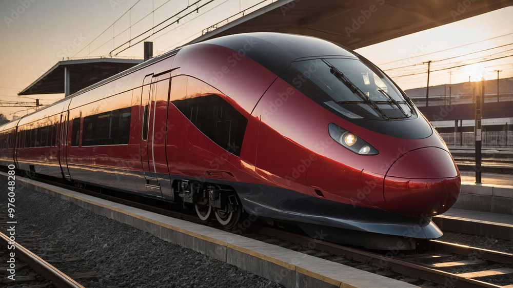 Fototapeta premium Sleek red high-speed train at sunset, modern station, reflecting sky colors, ready for departure.